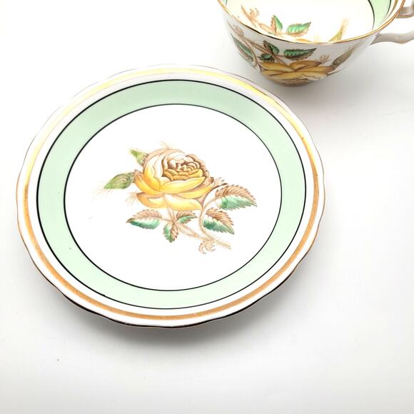 Vintage Victoria C & E Yellow Rose Mint Green Teacup & Saucer Set Bone China - Picture 3 of 9